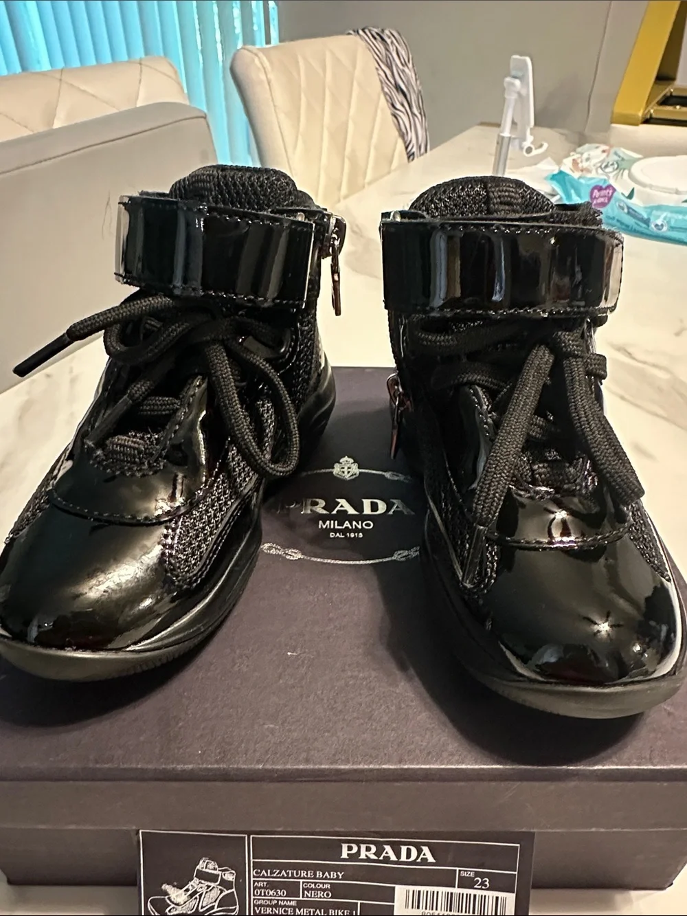 Prada Baby Black Patent Leather High-Top Sneakers